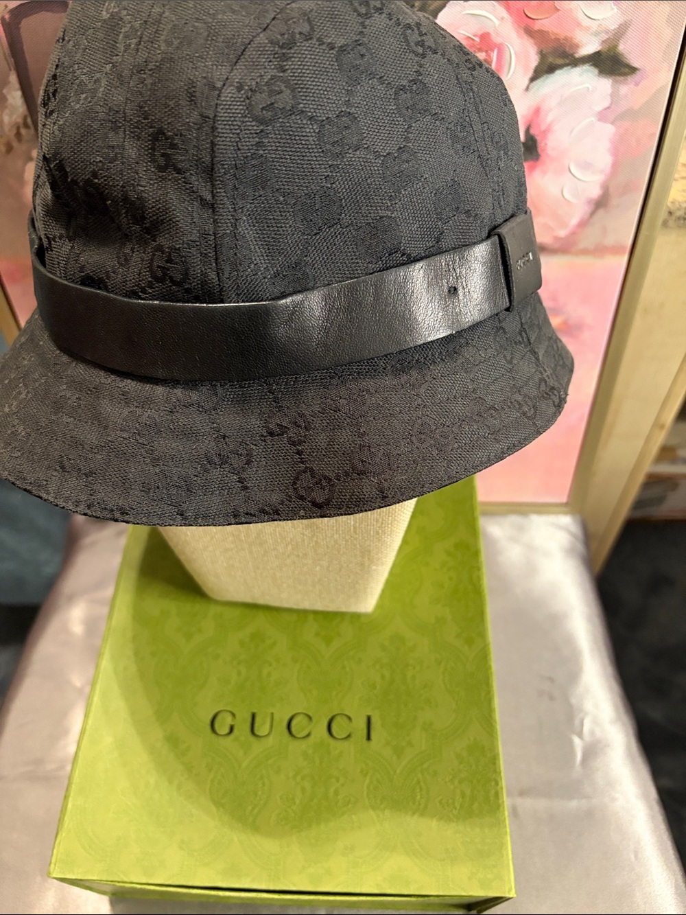 Gucci Black GG Jacquard Bucket Hat with Leather Band